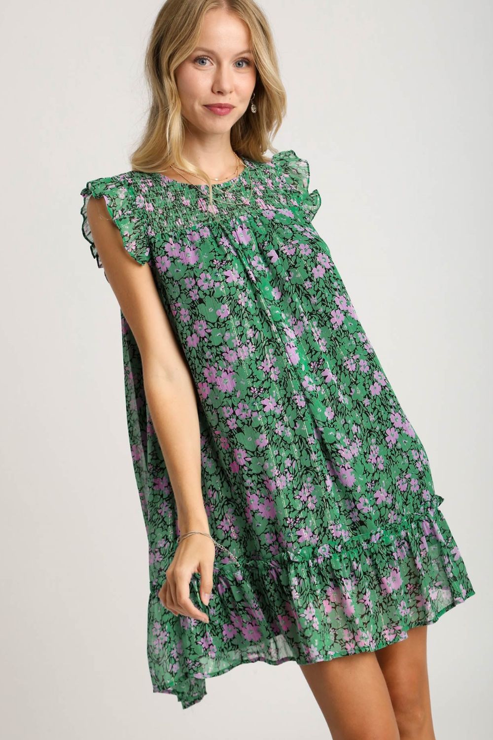 Umgee Full Size Smocked Detail Floral Metallic Ruffle Cap Sleeve Dress – Savannah  James & Co