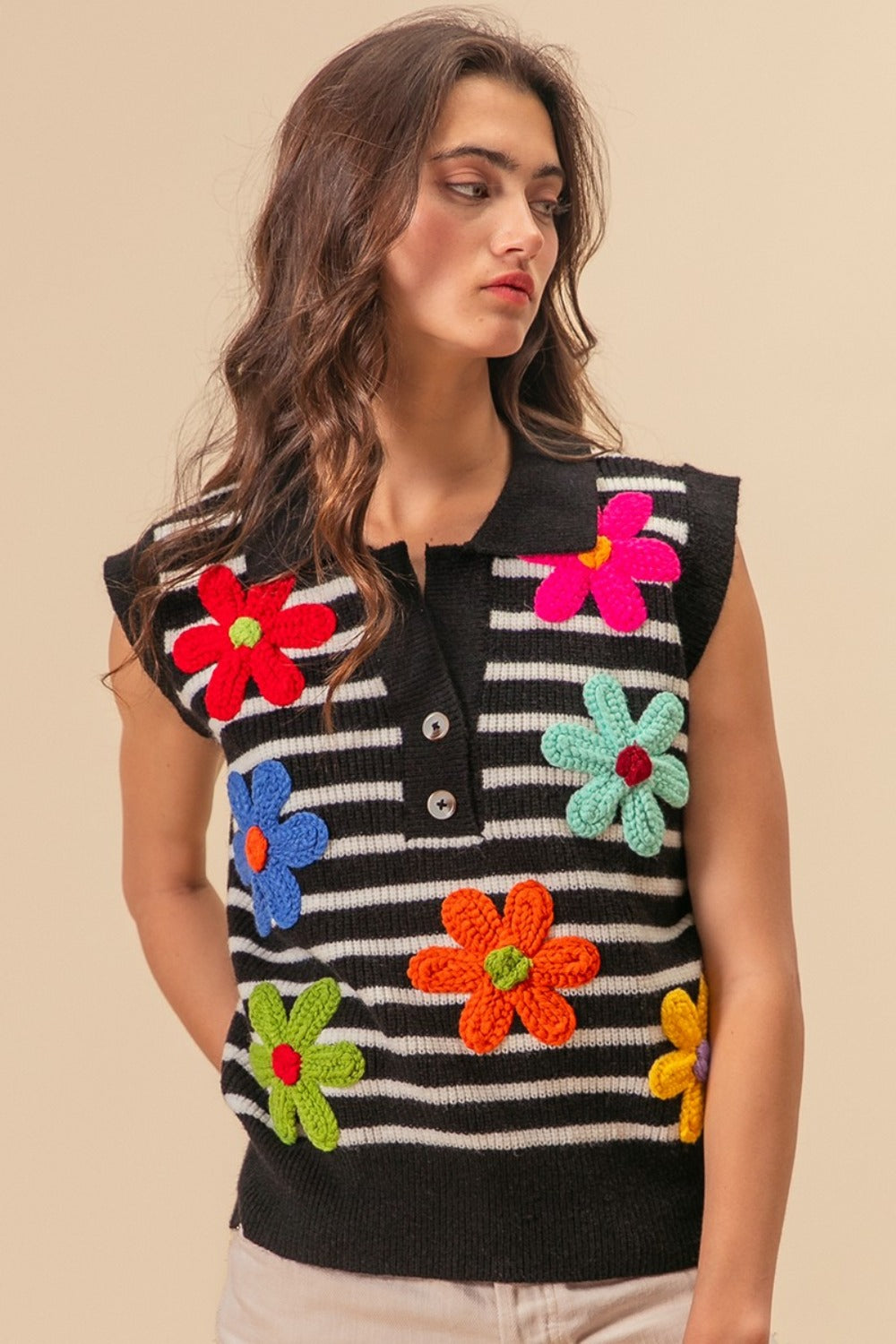 BiBi Flower Patch Striped Half Button Sweater Vest – Savannah