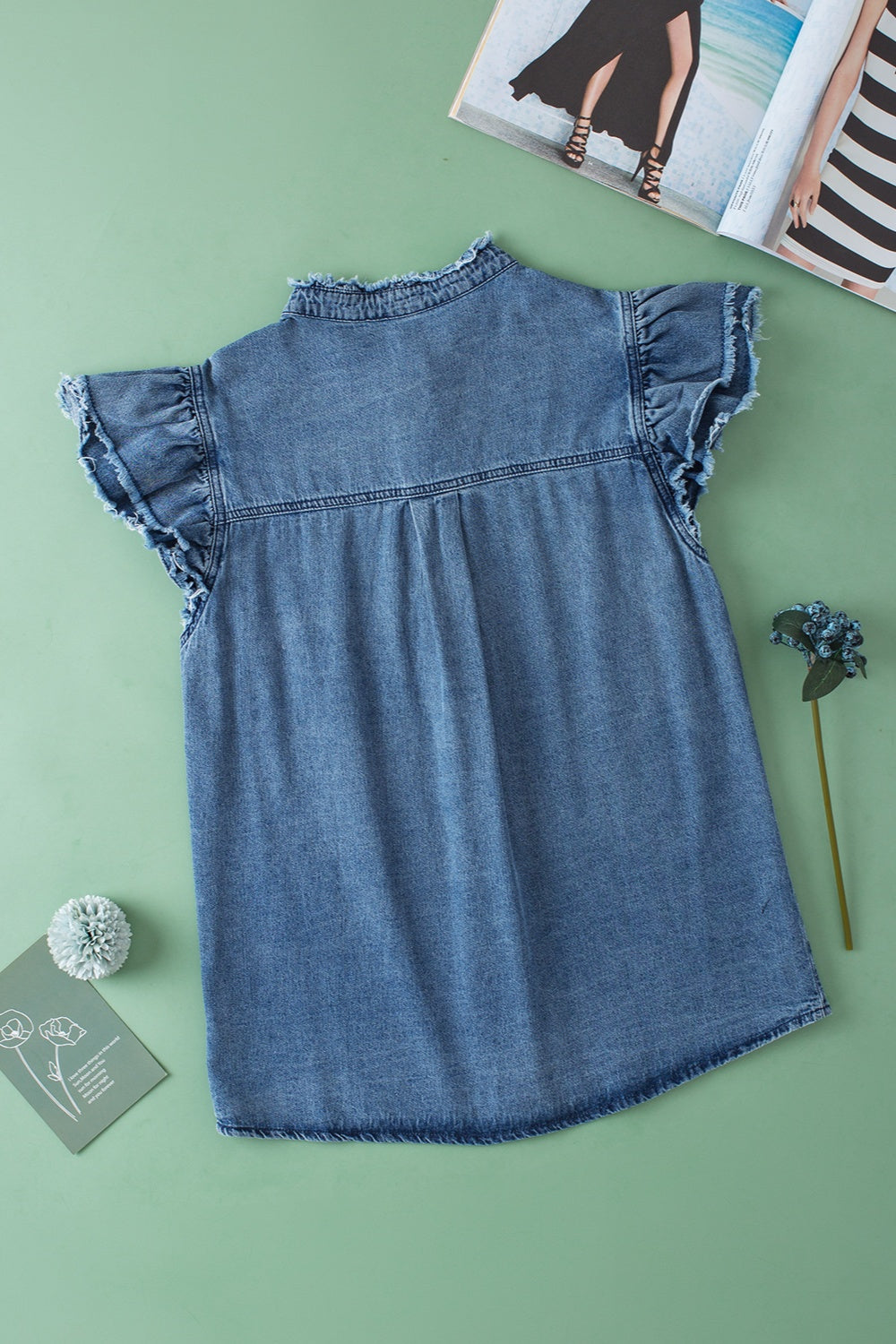 Raw Hem Button Up Cap Sleeve Denim Top