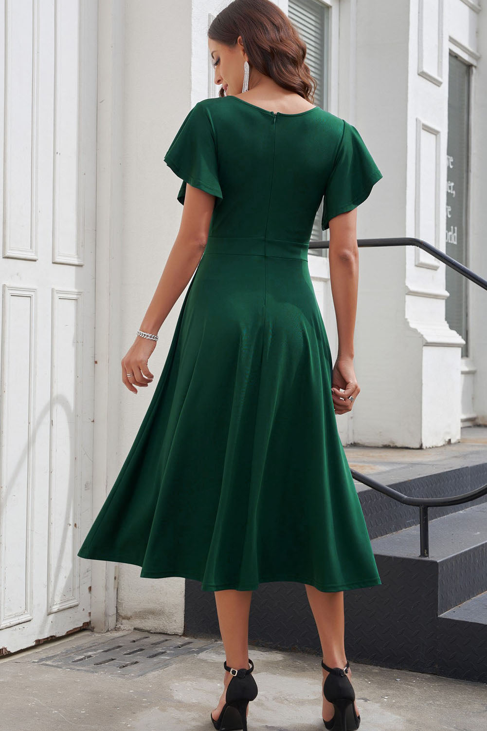 Flutter Sleeve Surplice Midi Dress