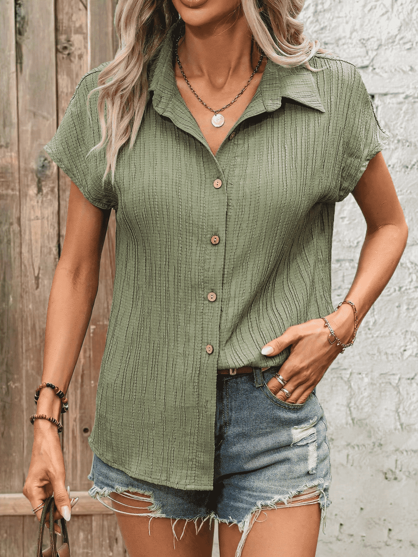 Collared Neck Short Sleeve Button-Up Shirt