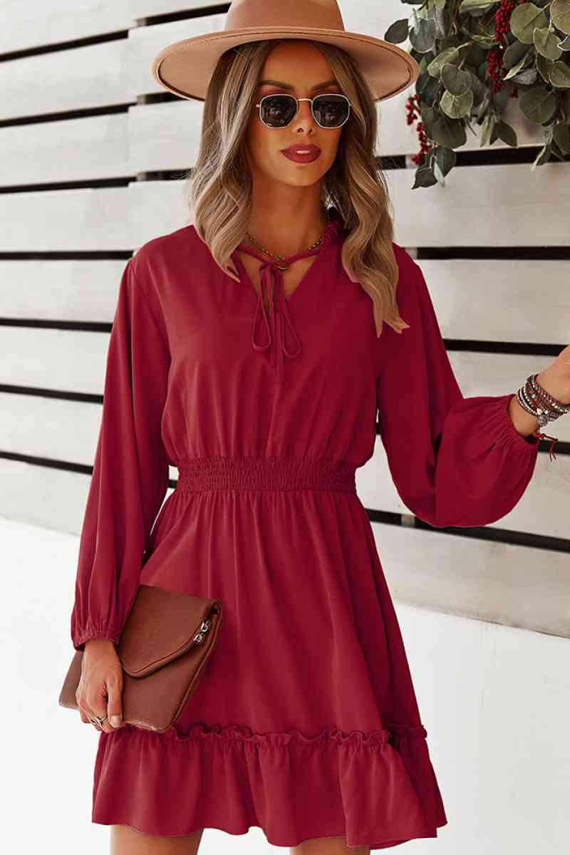 Tie Neck Smocked Waist Ruffle Hem Dress