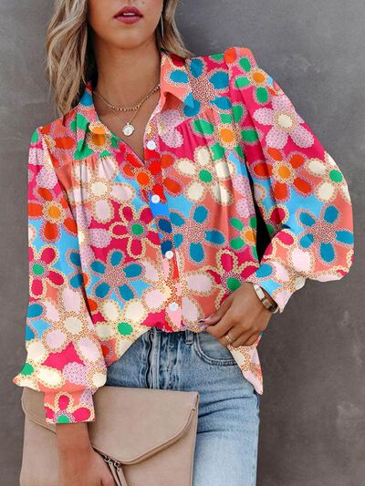 Printed Button Up Lantern Sleeve Shirt