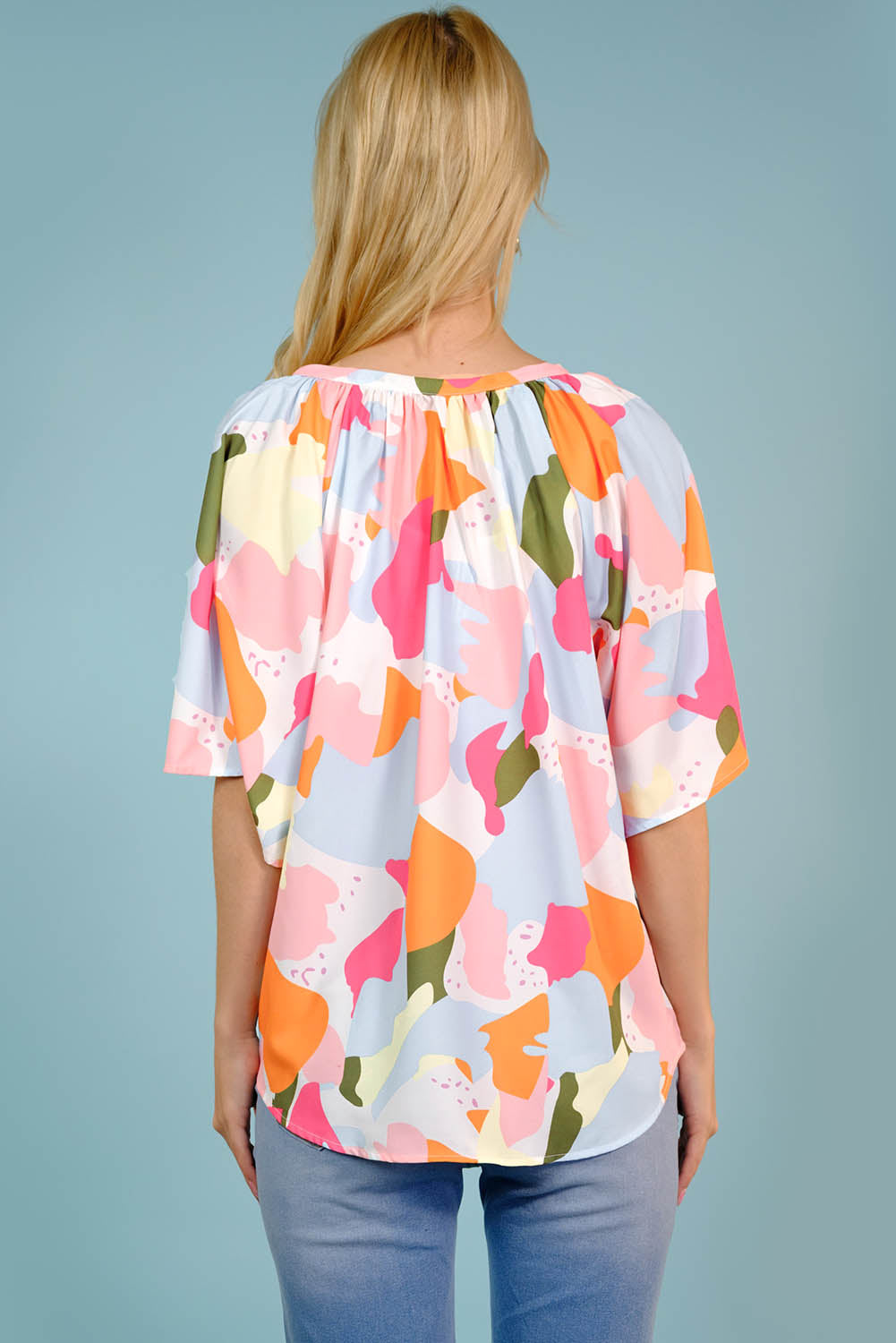 Printed Notched Neck Half Sleeve Blouse