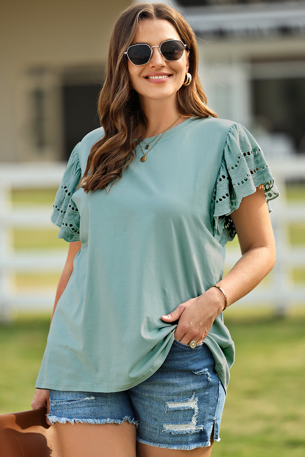 Plus Size Butterfly Sleeve Round Neck Top