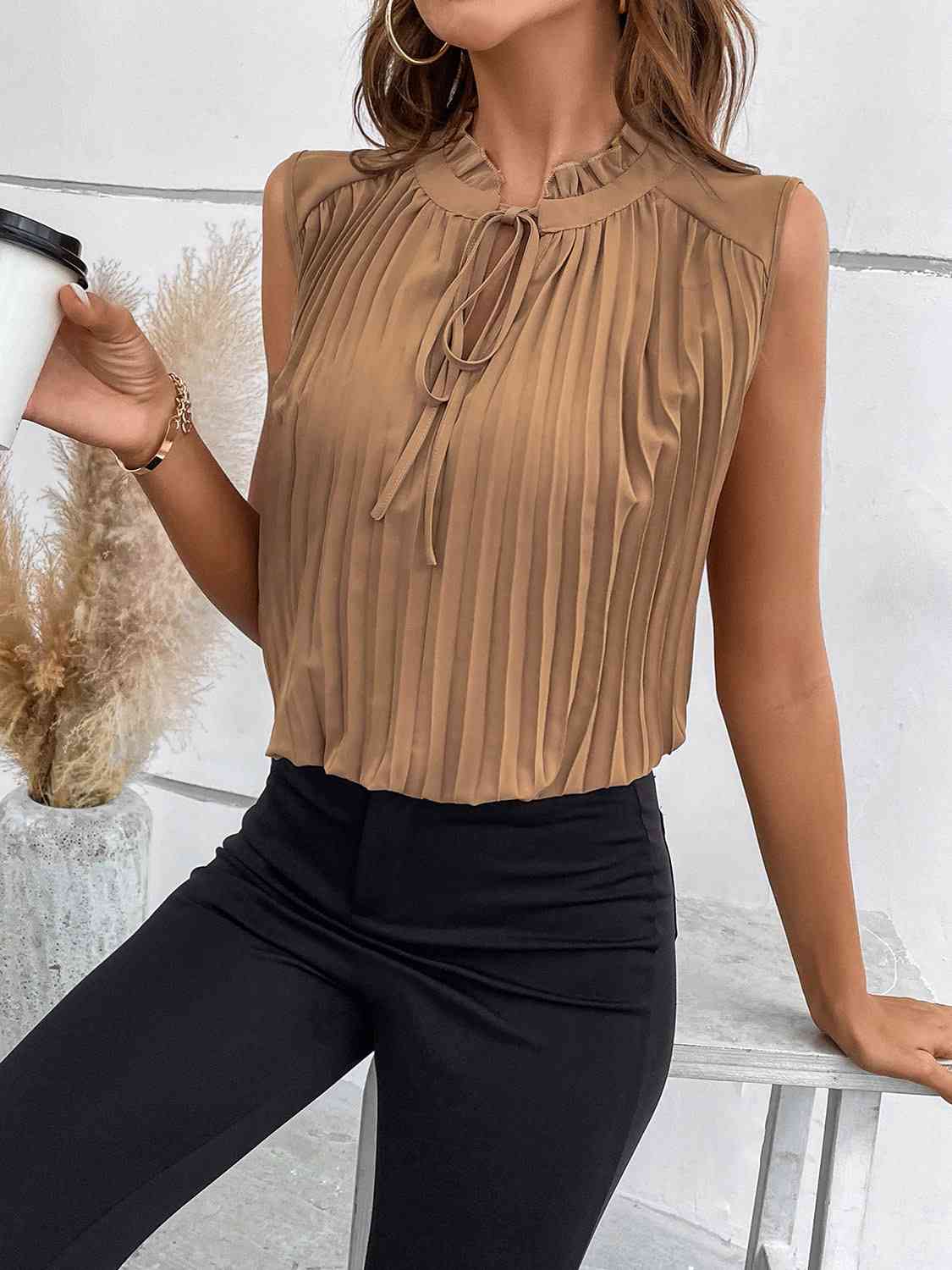 Pleated Tie Neck Tank Top