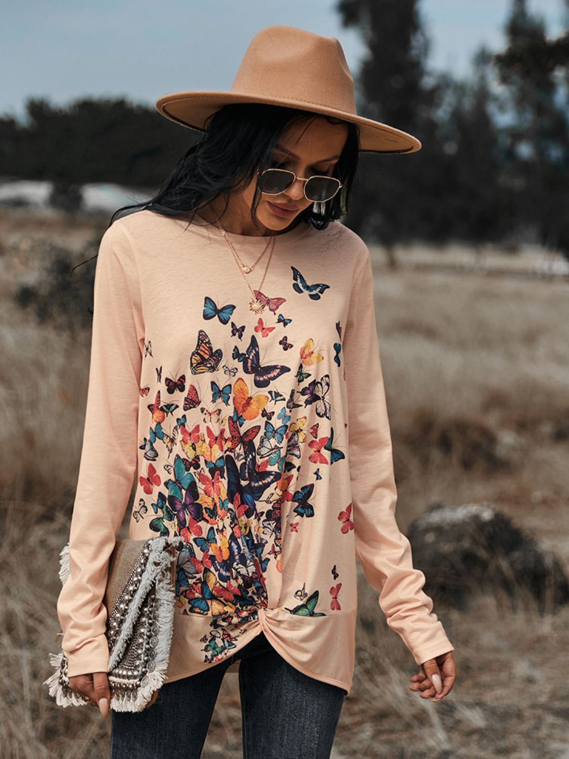 Butterflies Print Long Sleeve Round Neck Tee