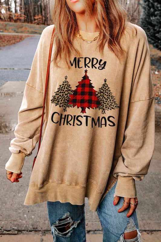 MERRY CHRISTMAS Graphic Slit Drop Shoulder Sweatshirt