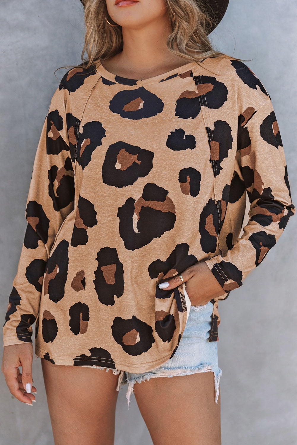 Full Size Leopard Print Round Neck Long Sleeve Tee