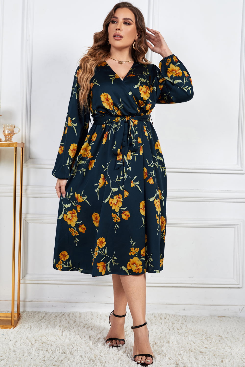 Plus Size Floral Print Surplice Neck Midi Dress