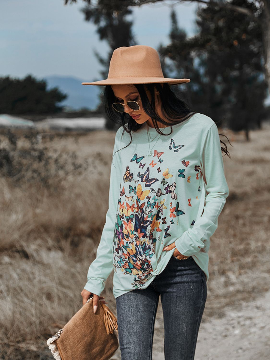 Butterflies Print Long Sleeve Round Neck Tee