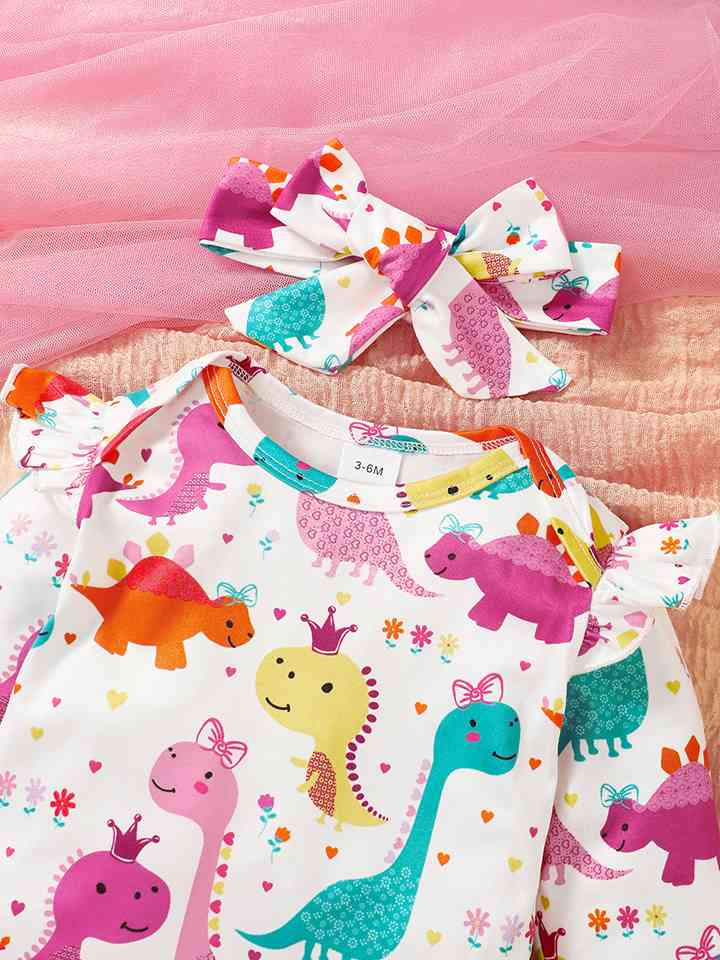 Cute Dinosaur Pattern Top and Buttoned Skirt Set