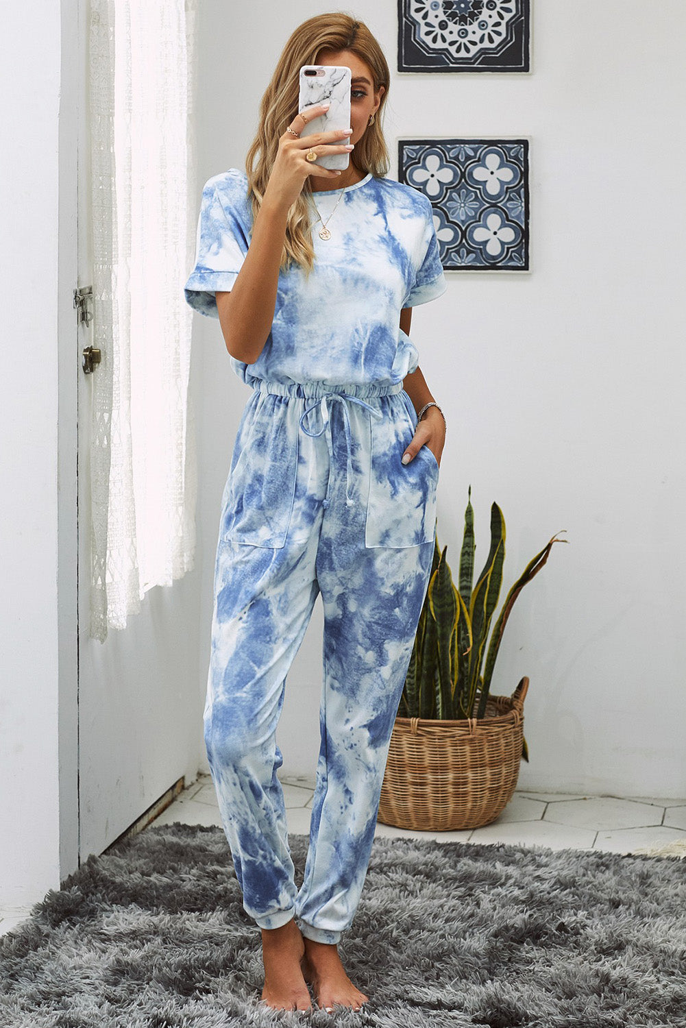 Tie-Dye Short Sleeve Jumpsuit with Pockets