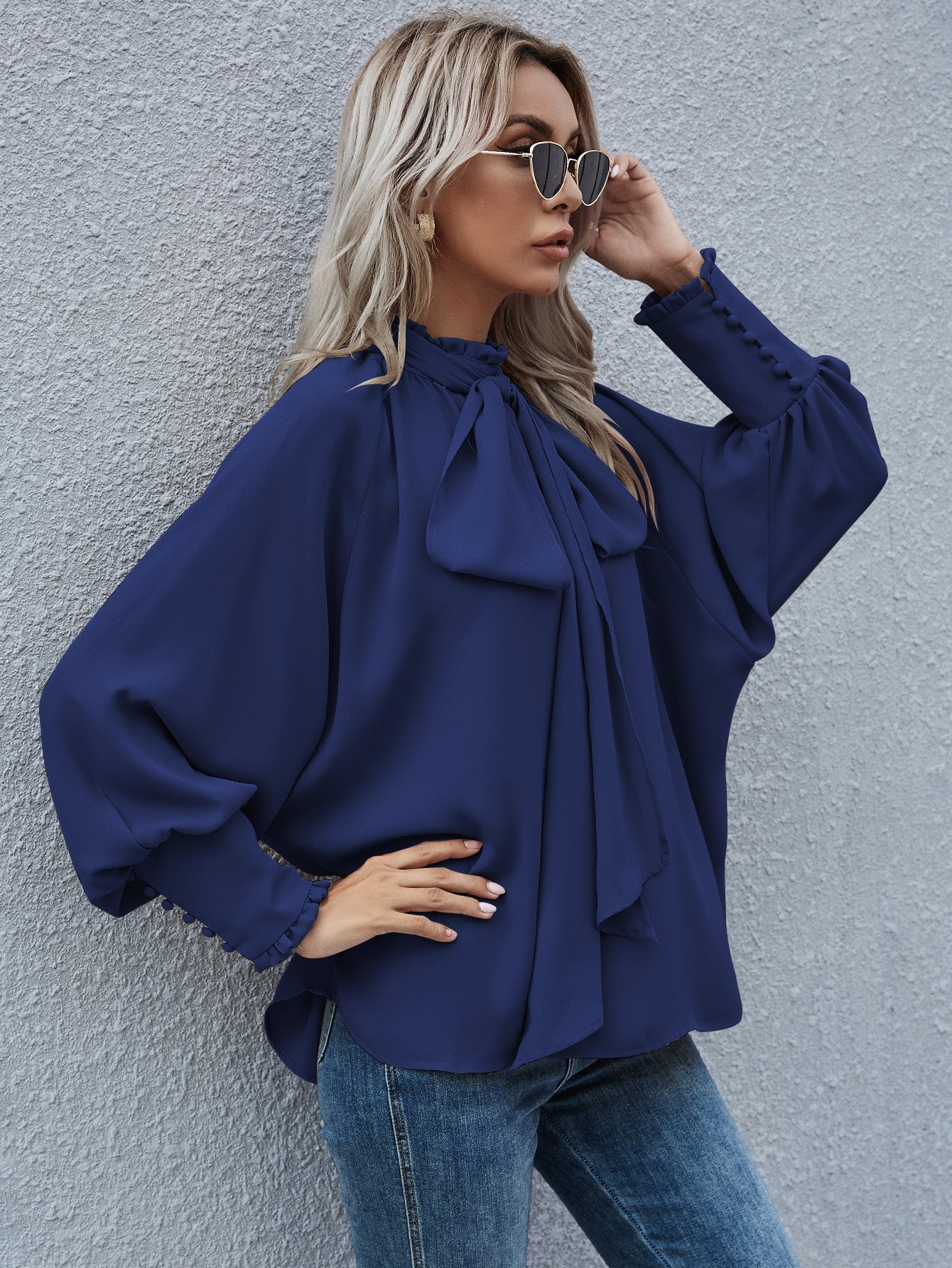 Mock Neck Lantern Sleeve Tie Front Blouse