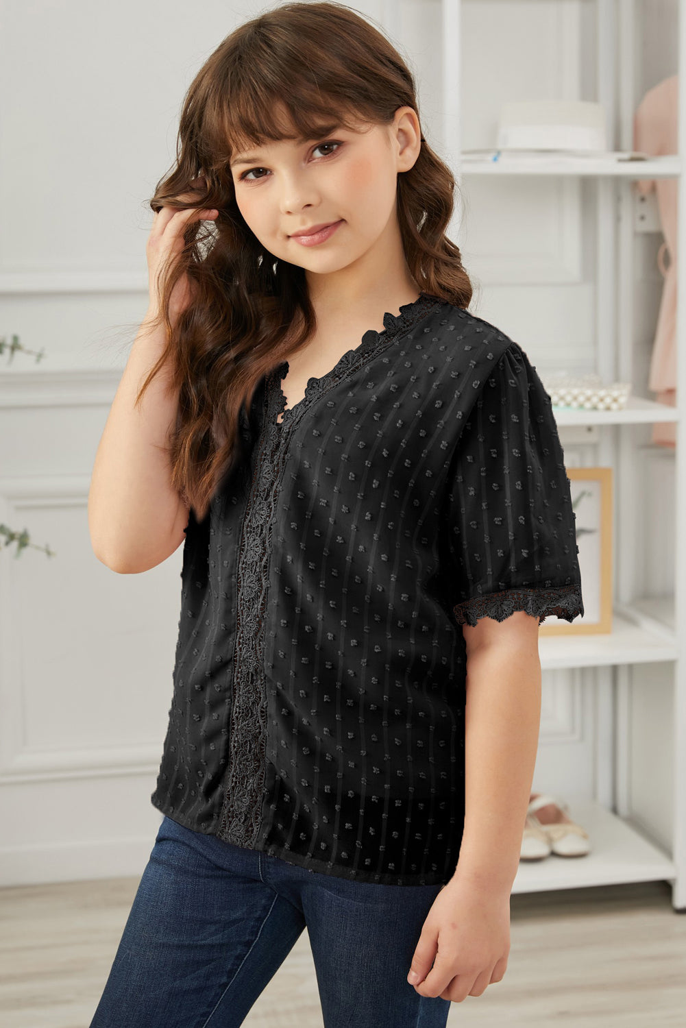 Girls Swiss Dot Spliced Lace Blouse