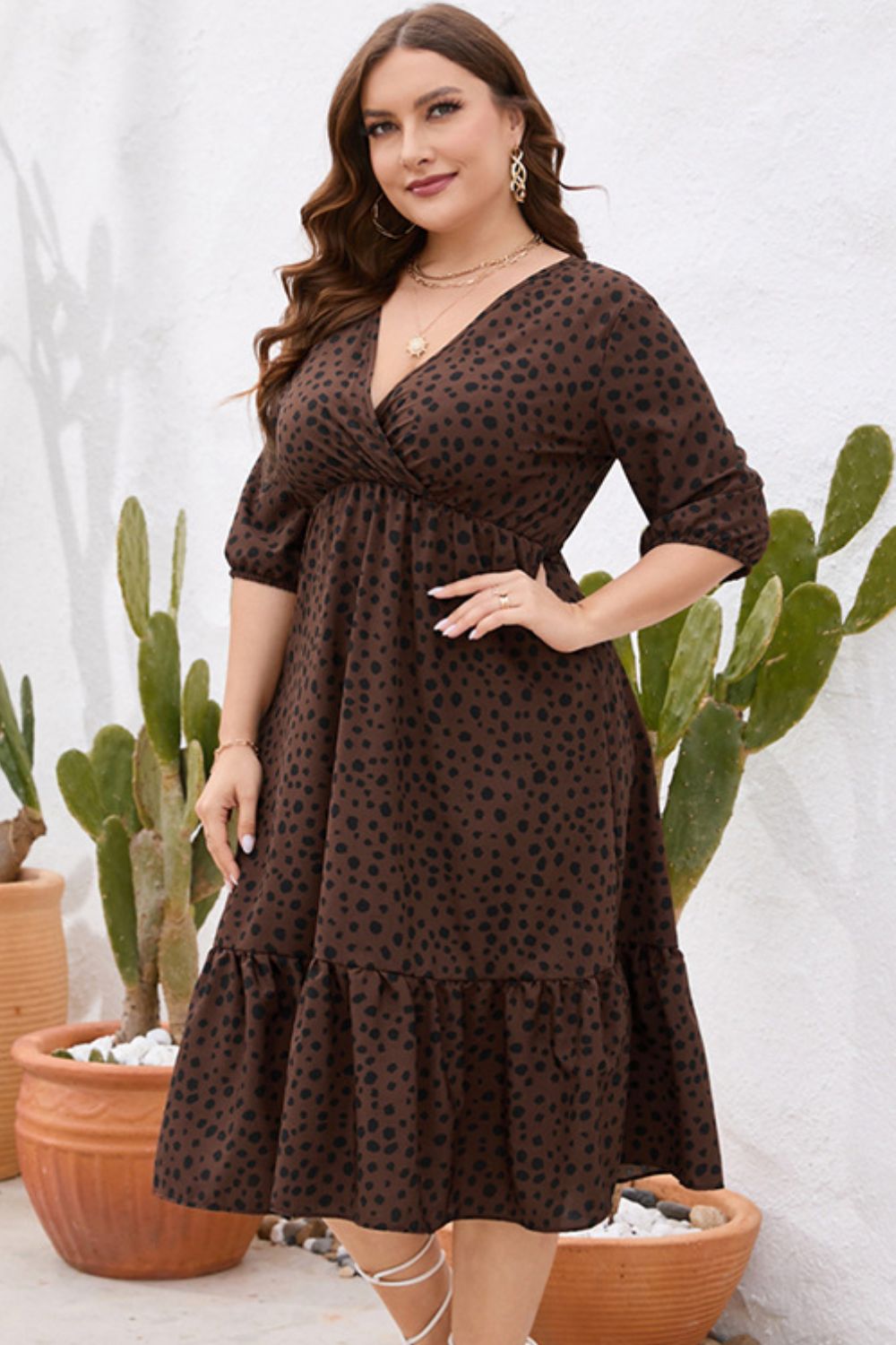 Plus Size Printed Surplice Ruffle Hem Dress