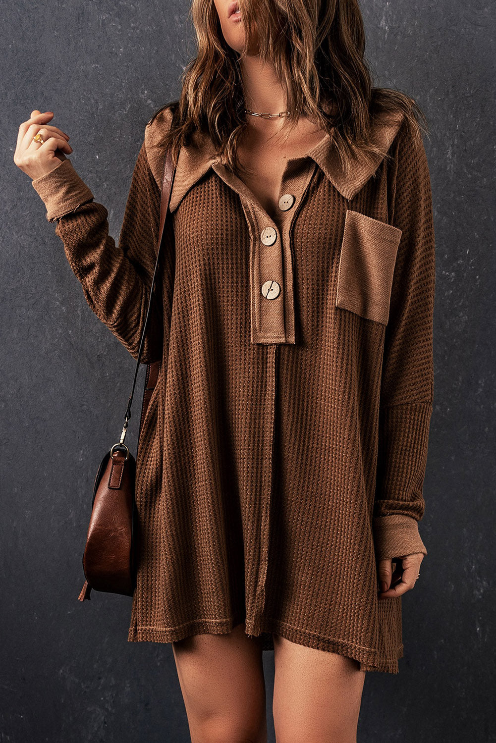 Waffle Knit Buttoned Long Sleeve Top with Breast Pocket