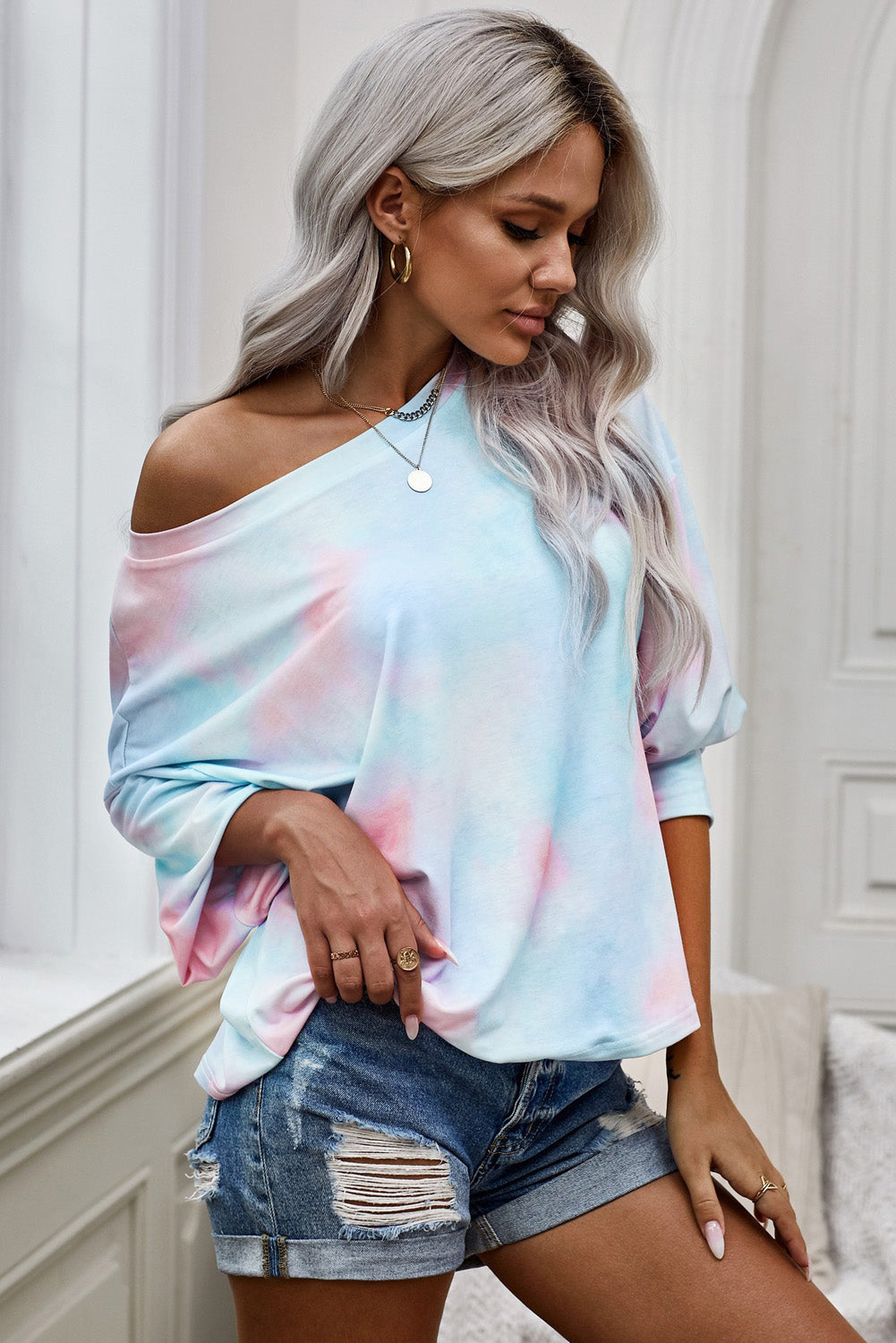 Tie-Dye Boat Neck Batwing Sleeve Tee