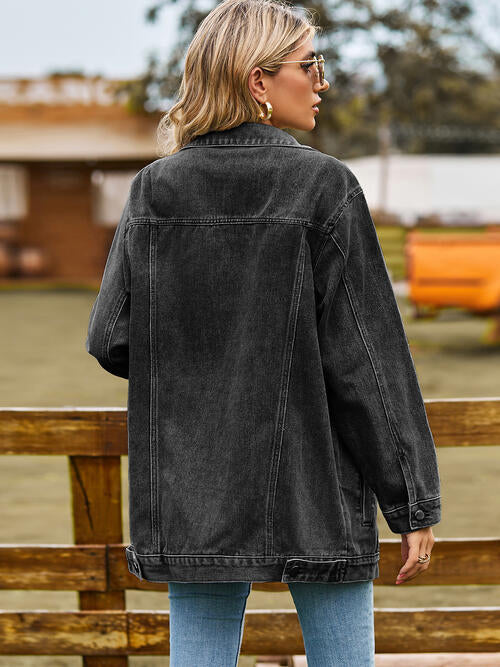 Collared Neck Denim Jacket With Pockets