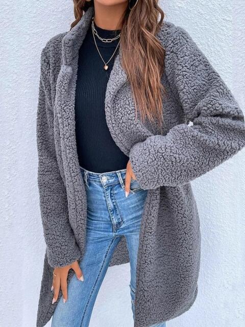 Collared Neck Long Teddy Coat