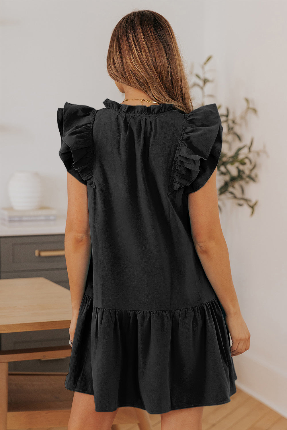 Ruffle Shoulder Tie-Neck Tiered Dress