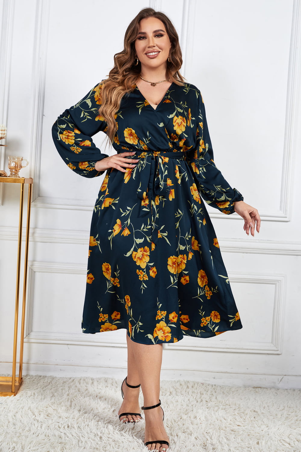 Plus Size Floral Print Surplice Neck Midi Dress