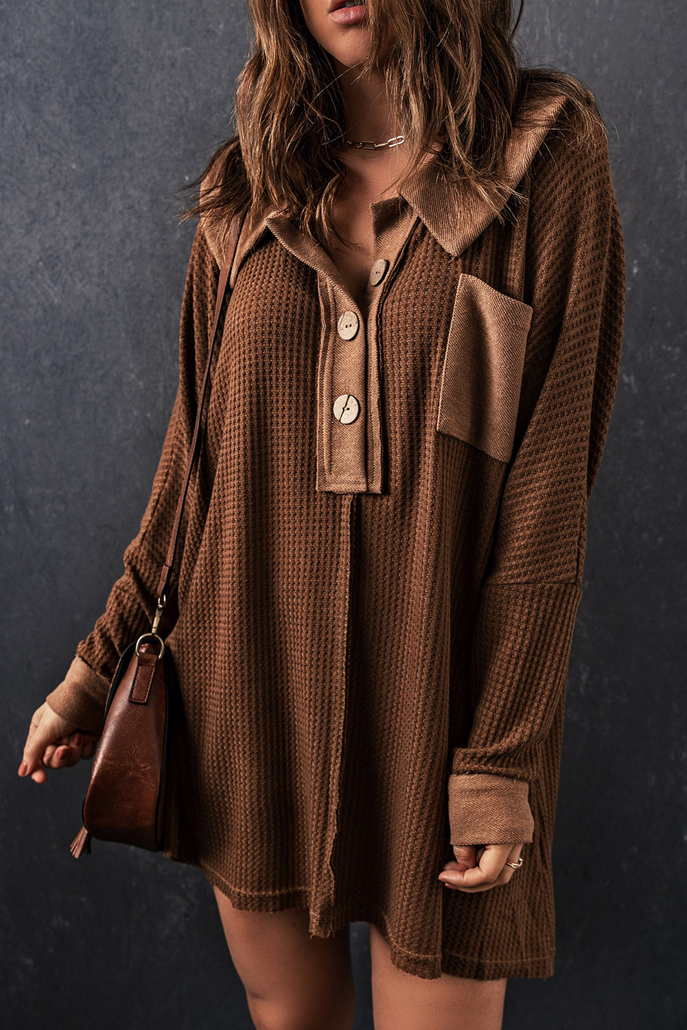 Waffle Knit Buttoned Long Sleeve Top with Breast Pocket