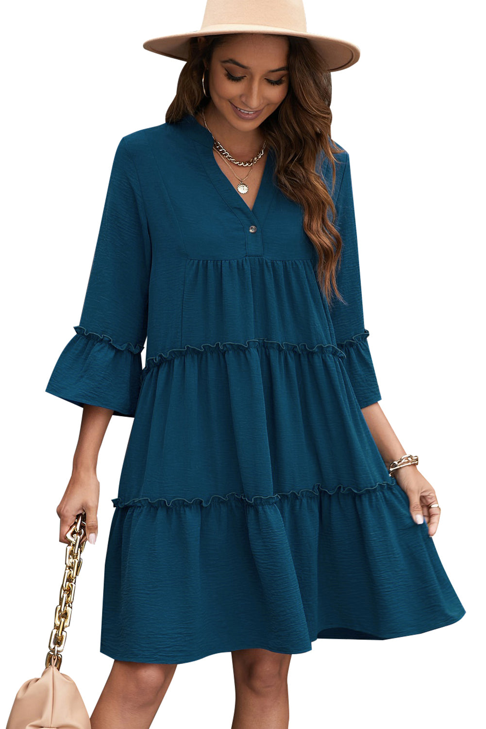 Frill Trim Three-Quarter Flare Sleeve Dress