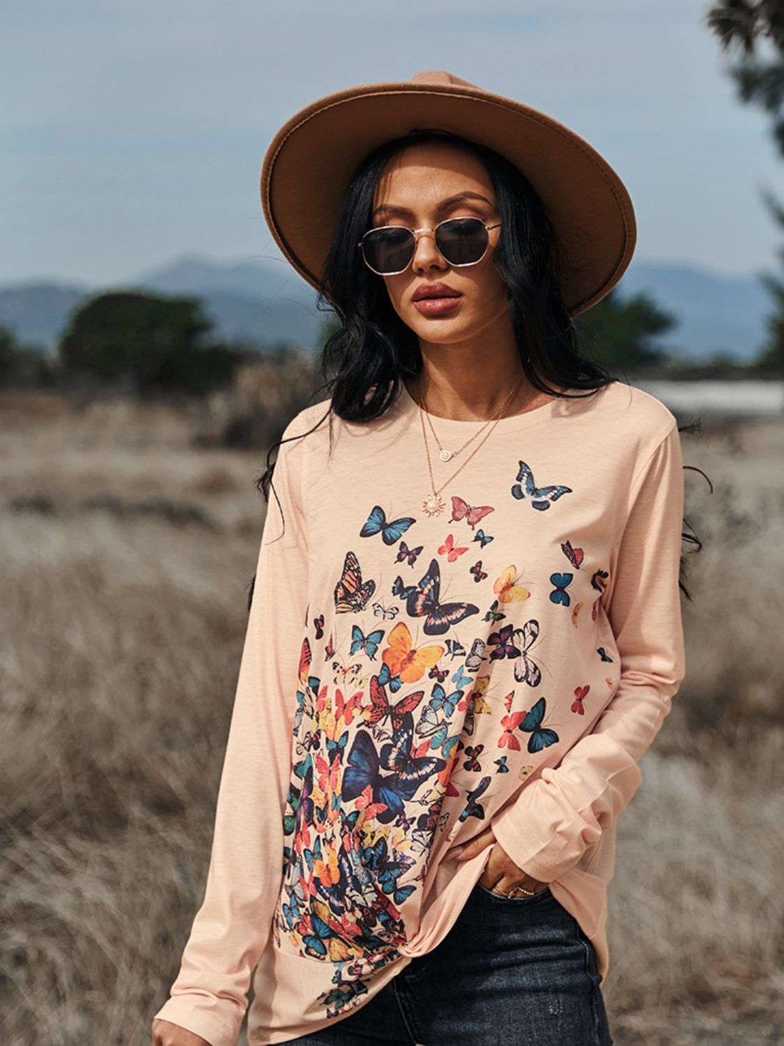 Butterflies Print Long Sleeve Round Neck Tee