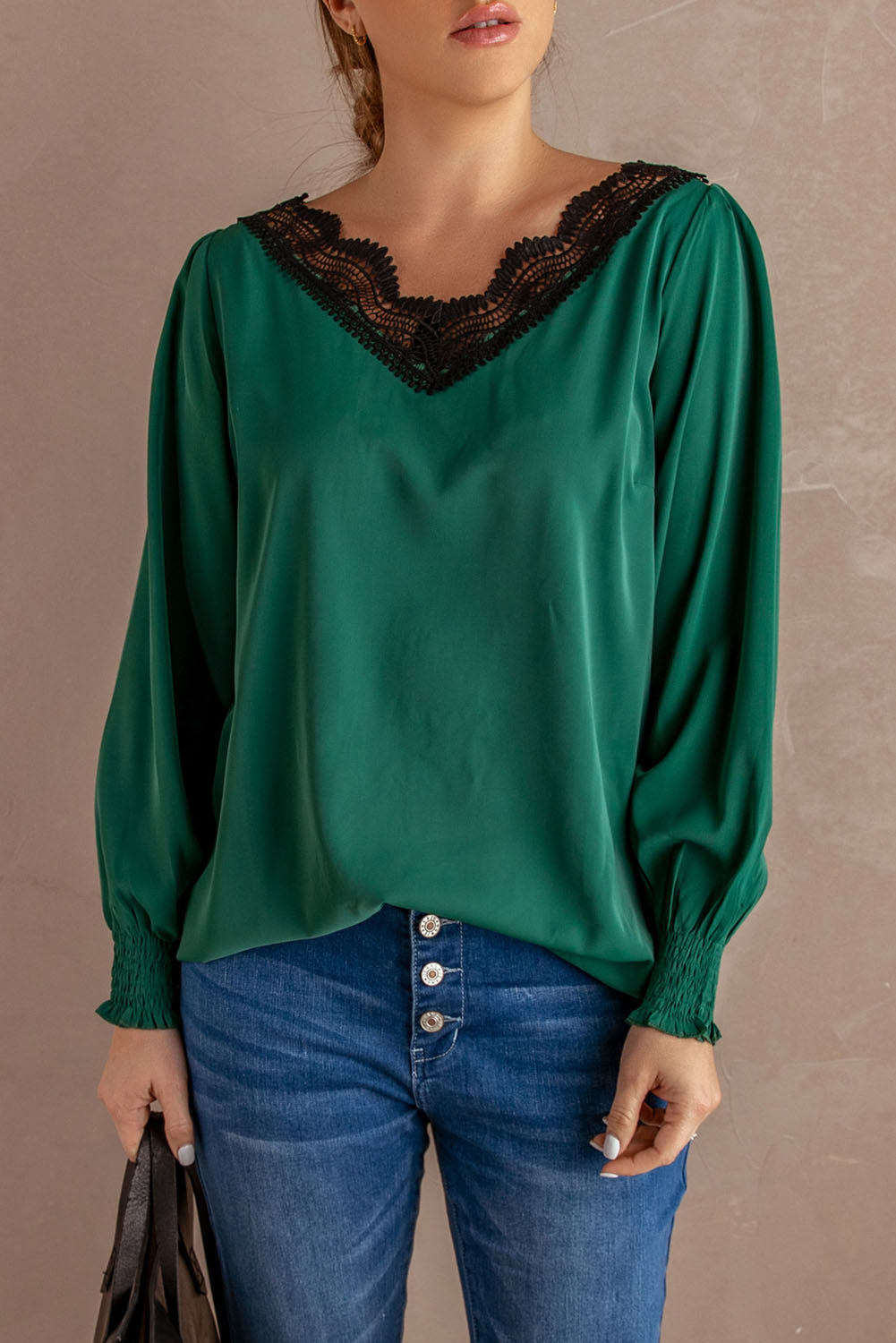 Lace Trim Lantern Sleeve Blouse