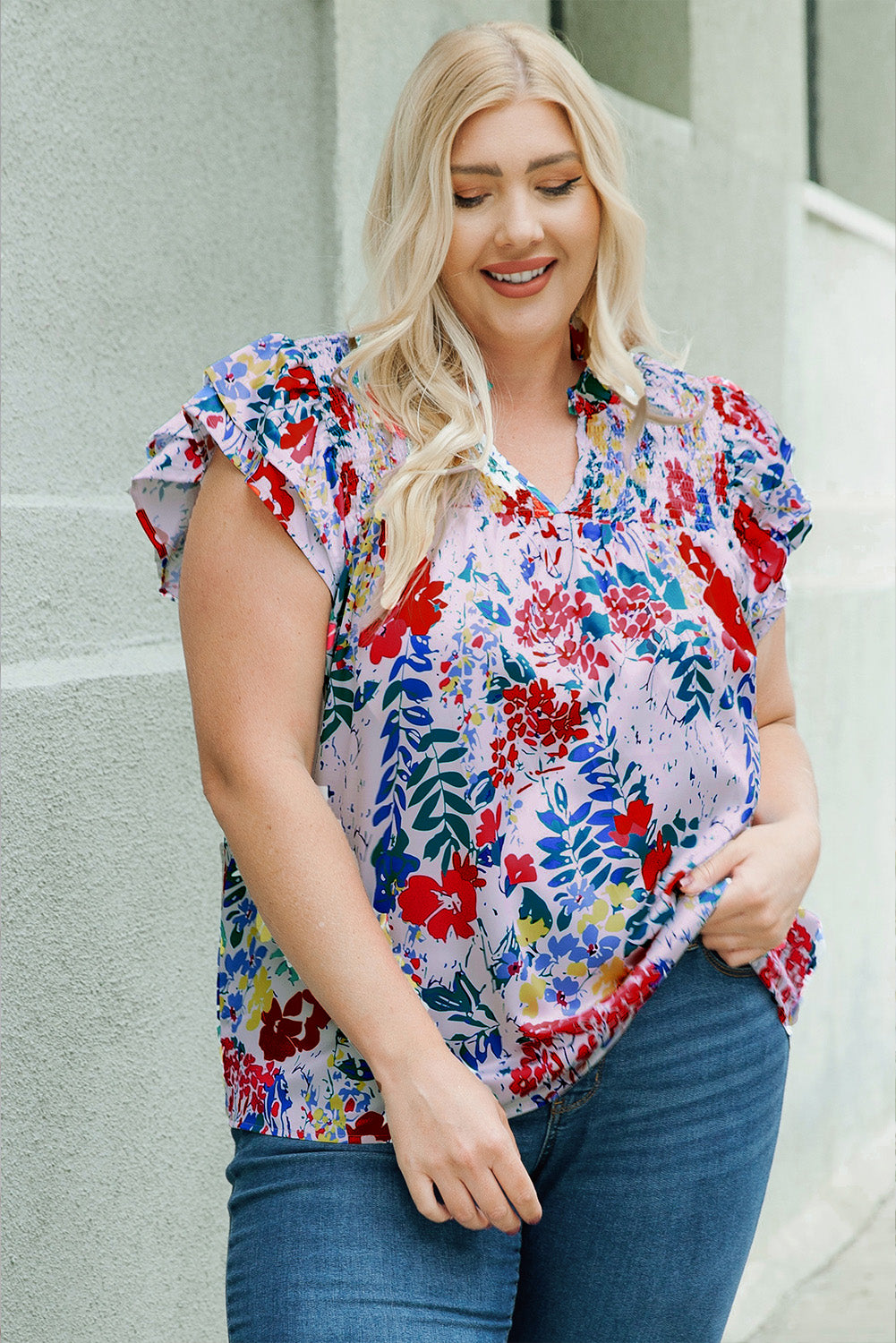 Plus Size Floral Smocked Flutter Sleeve Blouse