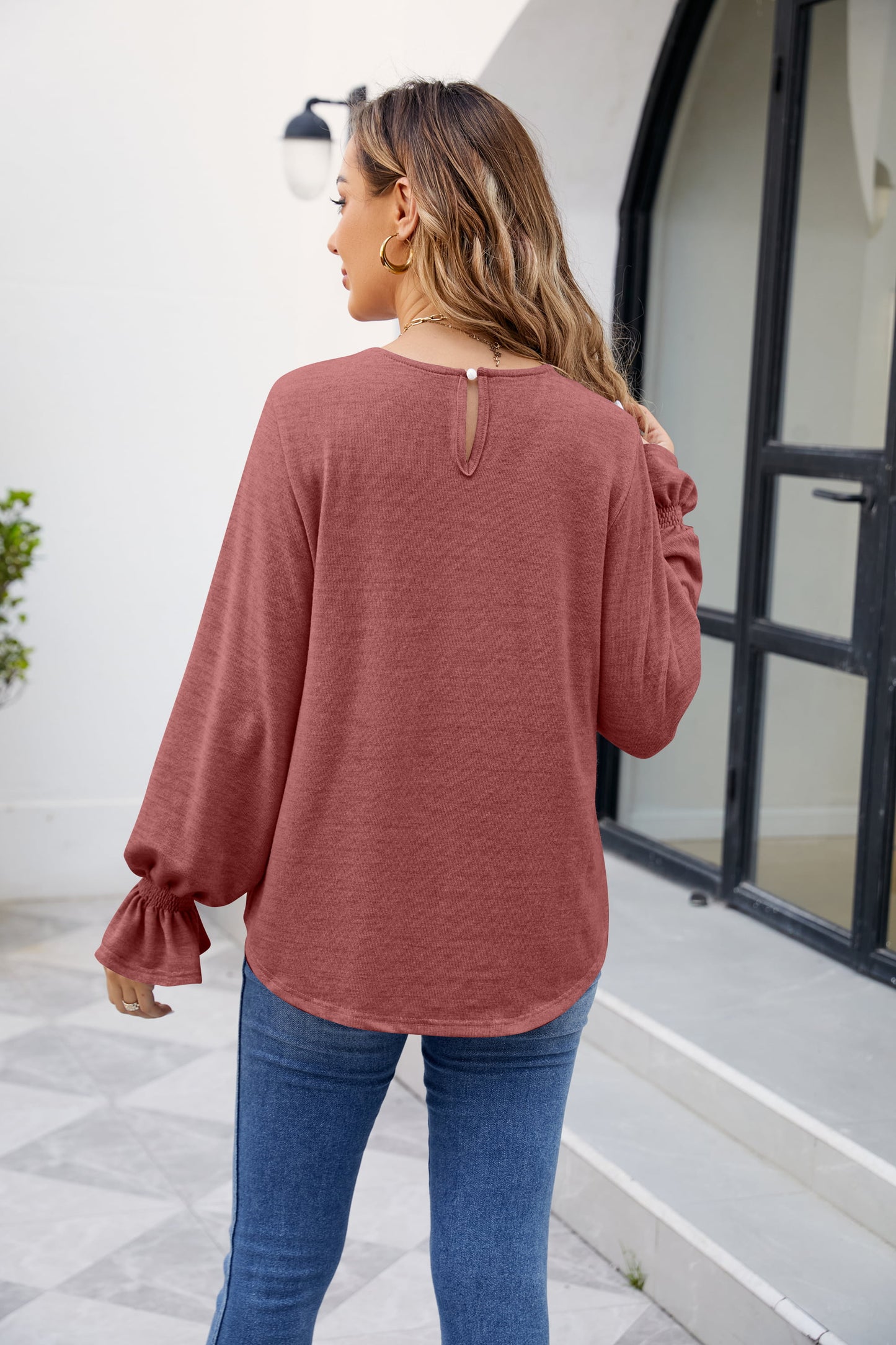 Round Neck Flounce Sleeve Blouse